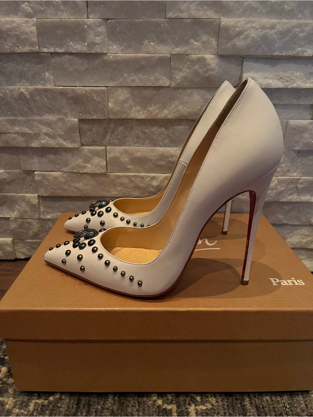 Christian Louboutin White Studded Pointed Toe Stiletto Pumps